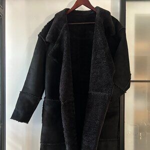 Zara Black REVERSIBLE LONG COAT Faux Suede/Sherling Size M/L